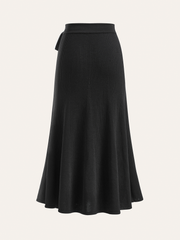 Contrast Bow Belt Ribbed Knit Midi Skirt