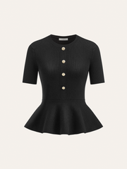 Metal Button Peplum Wool Knit Top