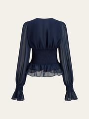 Mesh-Paneled Ruffled Hem Smocked Waist Blouse