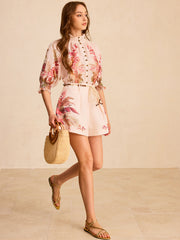 Floral Print Ruffled Mock Neck Blouse