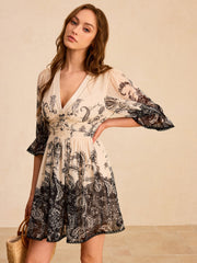 Print Deep V-Neck Mini Dress