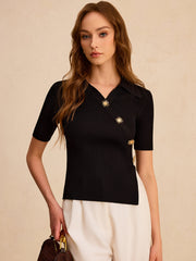 Asymmetric Metal Button Ribbed Knit Polo Top