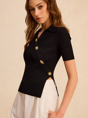 Asymmetric Metal Button Ribbed Knit Polo Top