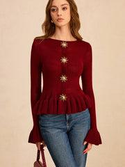 Metal Detail Ruffled Hem Knit Top