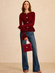 Metal Detail Ruffled Hem Knit Top