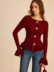 Metal Detail Ruffled Hem Knit Top