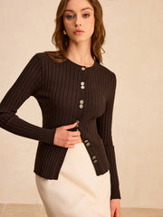 Ribbed Button-Front Knit Top