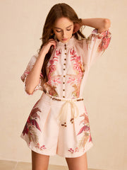 Floral Print Ruffled Mock Neck Blouse