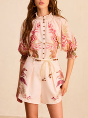 Floral Print Ruffled Mock Neck Blouse