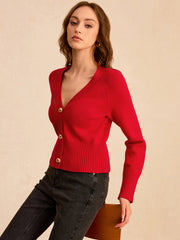 V-Neck Button-Front Knit Cardigan