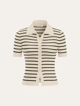Striped Short-Sleeve Polo Collar Knit Cardigan