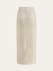 Linen Blend Wrap Midi Skirt with Wooden Buckle