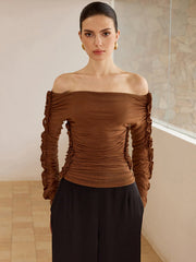 Off-Shoulder Ruched Top with Ruffled Sleeves