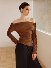 Off-Shoulder Ruched Top with Ruffled Sleeves