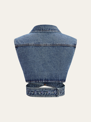 Asymmetric Wrap Denim Lapel Crop Vest