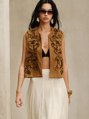 Floral Applique Suede Effect Vest