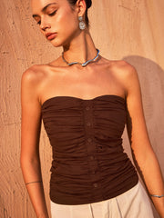 Ruched Button-Front Strapless Top