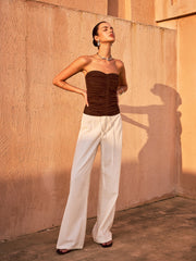 Ruched Button-Front Strapless Top