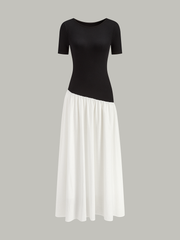 Crew Neck Contrast-Paneled Asymmetric Maxi Dress
