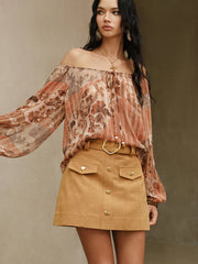 Metal Button Belted Mini Skirt with Decor Pocket