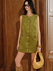 Suede Effect Metal Button Mini Dress