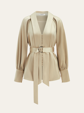 Belted Volume-Sleeve Jacket with Cloth Button