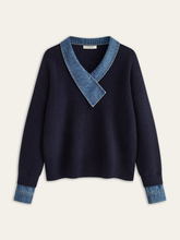 Denim Panel Asymmetric V-Neck Knit Top