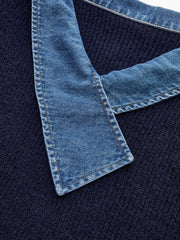 Denim Panel Asymmetric V-Neck Knit Top