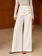 Asymmetric Button Mid-Waist Wide-Leg Pants