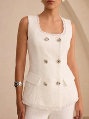 Tweed Fringe Trim Button Vest