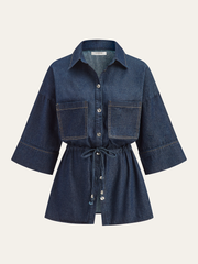 Long Denim Shirt with Drawstring Waist