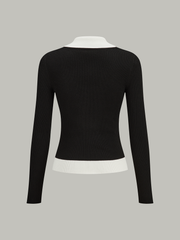 Contrast Collar Ribbed Knit Cardigan