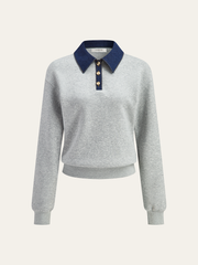 Denim Collar Metal Button Polo Sweatshirt