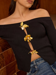 Metal Floral Off-Shoulder Cut-Out Knit Top