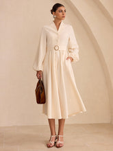 Belted Button-Front Long-Sleeve Midi Dress