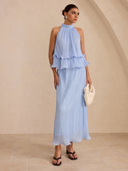Pleated Tiered Halter Top and Maxi Skirt Set