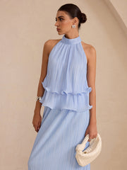 Pleated Tiered Halter Top and Maxi Skirt Set