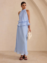 Pleated Tiered Halter Top and Maxi Skirt Set