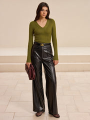 V-Neck Ribbed Fitted Long Sleeve Knit Top