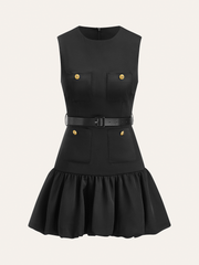 Ruffled Hem Metal Button Mini Dress Without Belt