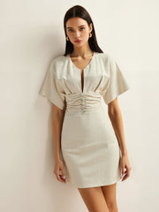 Cotton & Linen Ruched Button Detail Mini Dress
