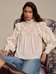 Embroidered Mock Neck Ruffled Blouse