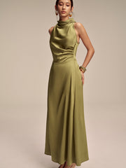 Satin Mock Neck Sleeveless Maxi Dress