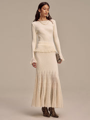 Ribbed Knit Mesh Ruffled Hem Bell Sleeve Top