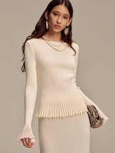 Ribbed Knit Mesh Ruffled Hem Bell Sleeve Top
