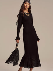 Wool Blend Ribbed Knit Maxi Dress with Mesh Hem