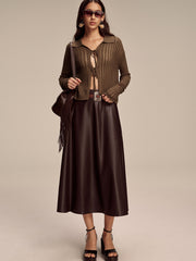 Polo Collar Tie-Front Knit Cardigan