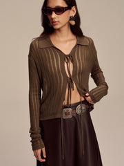 Polo Collar Tie-Front Knit Cardigan