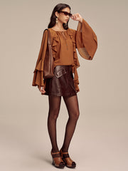 Chiffon Ruffled Tiered Sleeve Tie-Neck Blouse