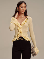 Ruffled V-Neck Knit Cardigan